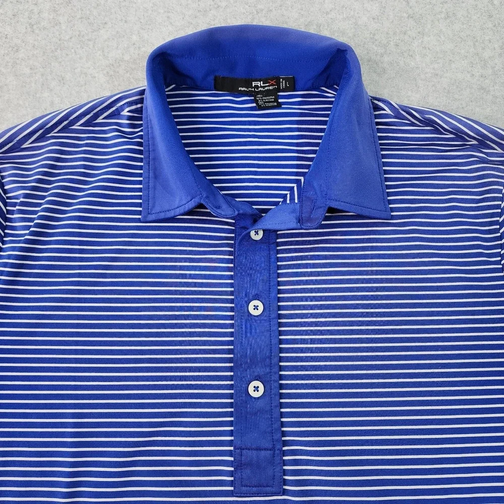 Ralph Lauren RLX Polo Mens Size Large‎ Blue Stripe Button Shirt Flaw On Collar.
